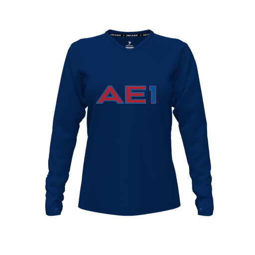 [CUS-DFW-TEES-CMF-VNK-LSL-NVY-FYXS-LOGO2] Comfort T-Shirt (Female Youth XS, Navy, V Neck, Logo 2, Long Sleeve)