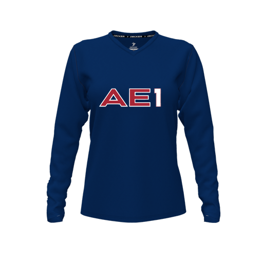 [CUS-DFW-TEES-CMF-VNK-LSL-NVY-FYXS-LOGO3] Decker Comfort T-Shirt (Female Youth XS, Navy, V Neck, Logo 3, Long Sleeve)