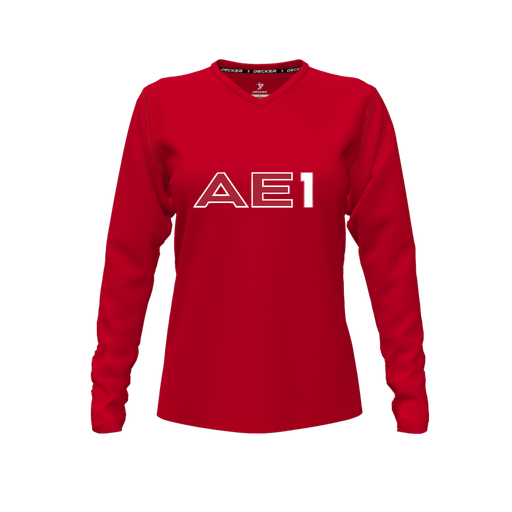 [CUS-DFW-TEES-CMF-VNK-LSL-RED-FYXS-LOGO3] Decker Comfort T-Shirt (Female Youth XS, Red, V Neck, Logo 3, Long Sleeve)