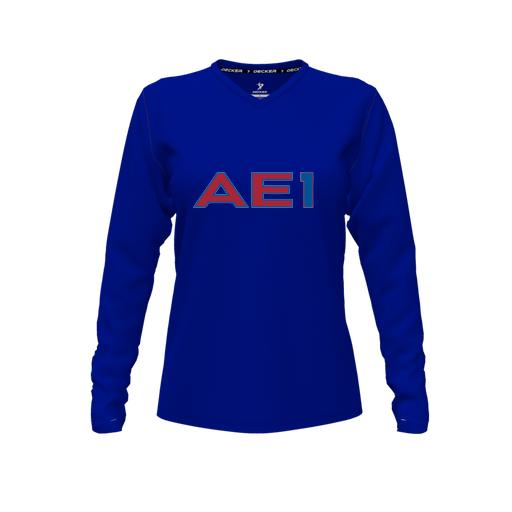 [CUS-DFW-TEES-PER-VNK-LSL-RYL-FYXS-LOGO2] Decker Performance T-Shirt (Female Youth XS, Royal, V Neck, Logo 2, Long Sleeve)