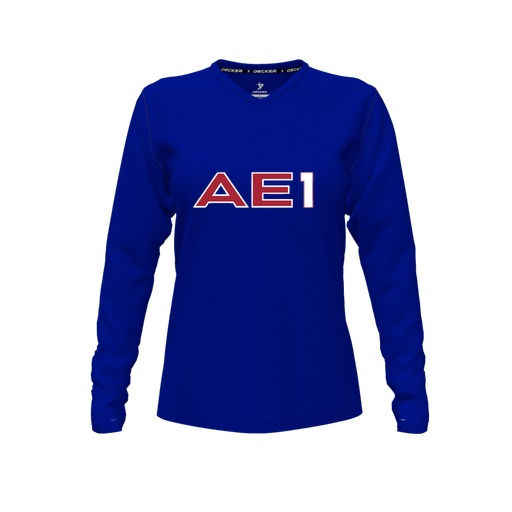 [CUS-DFW-TEES-PER-VNK-LSL-RYL-FYXS-LOGO3] Decker Performance T-Shirt (Female Youth XS, Royal, V Neck, Logo 3, Long Sleeve)