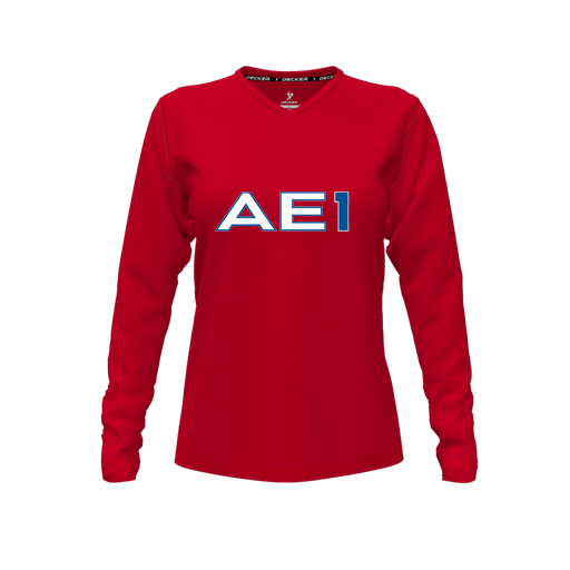 [CUS-DFW-TEES-PER-VNK-LSL-RED-FYXS-LOGO1] Performance T-Shirt (Female Youth XS, Red, V Neck, Logo 1, Long Sleeve)