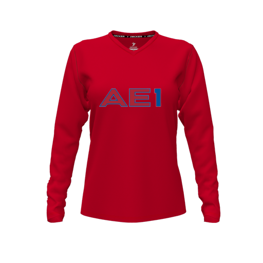 [CUS-DFW-TEES-PER-VNK-LSL-RED-FYXS-LOGO2] Performance T-Shirt (Female Youth XS, Red, V Neck, Logo 2, Long Sleeve)