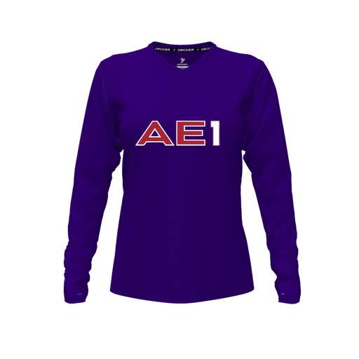 [CUS-DFW-TEES-PER-VNK-LSL-PUR-FYXS-LOGO3] Decker Performance T-Shirt (Female Youth XS, Purple, V Neck, Logo 3, Long Sleeve)